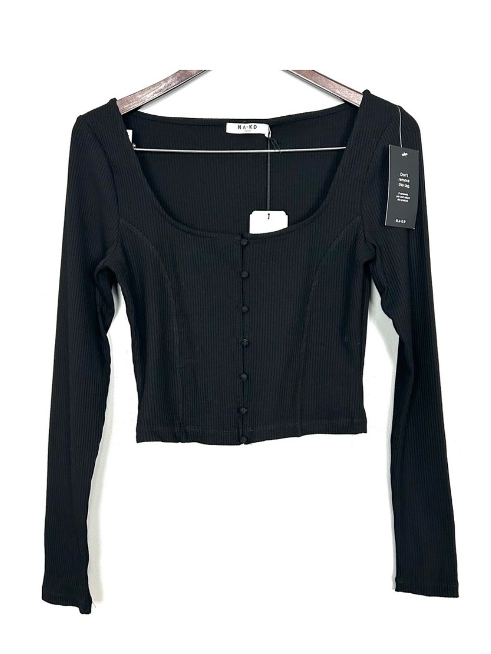 Na-Kd Corset Detail Ribbed Top Women’s Size S Buttons Long Sleeves Square Neck